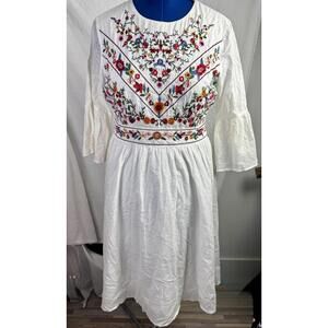 roolee embroidered boho peasant dress white floral folk midi size m